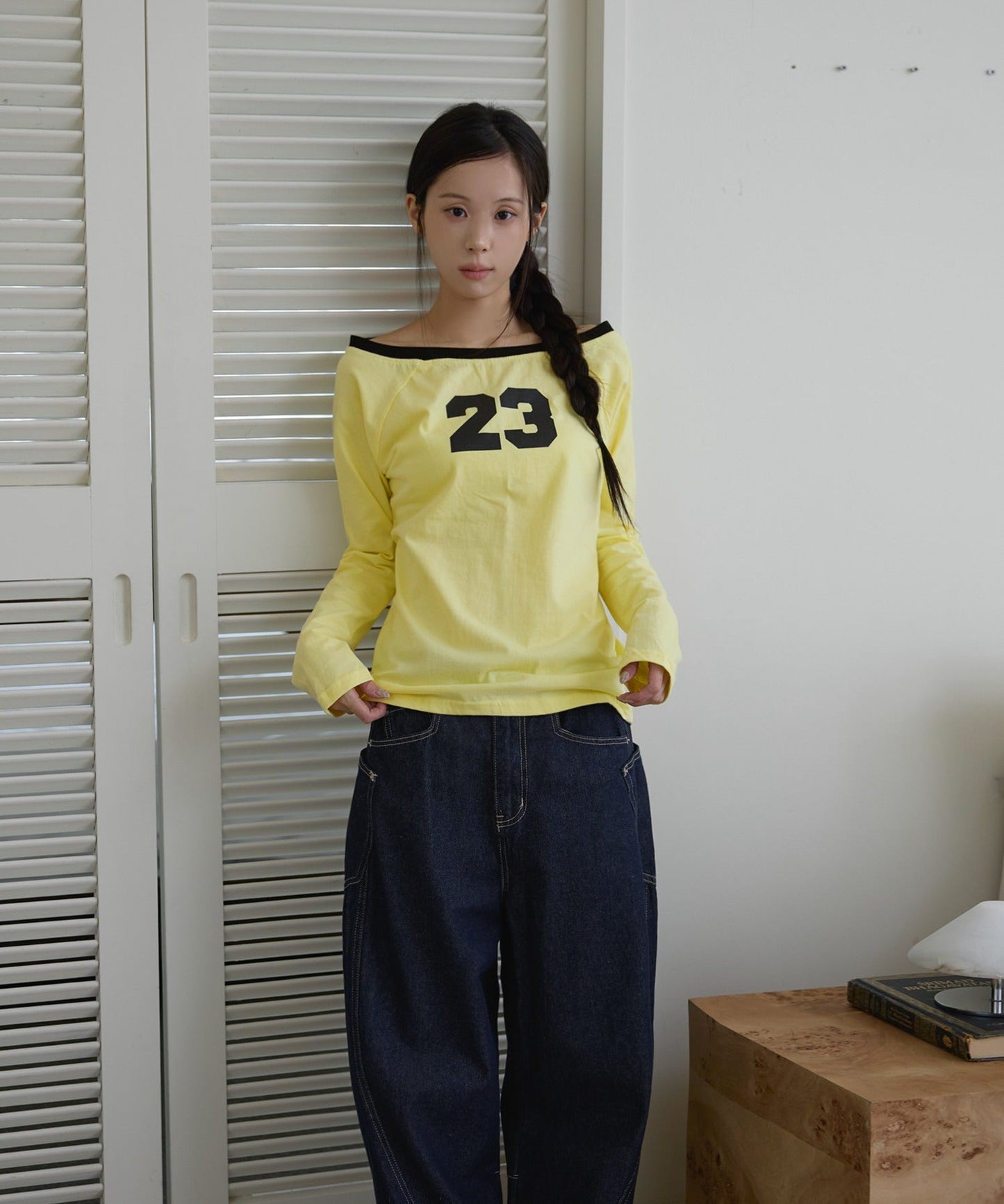 【オフショルダー/ワンショルダー2WAY着用可能】バイカラーナンバリング長袖Tシャツカットソー