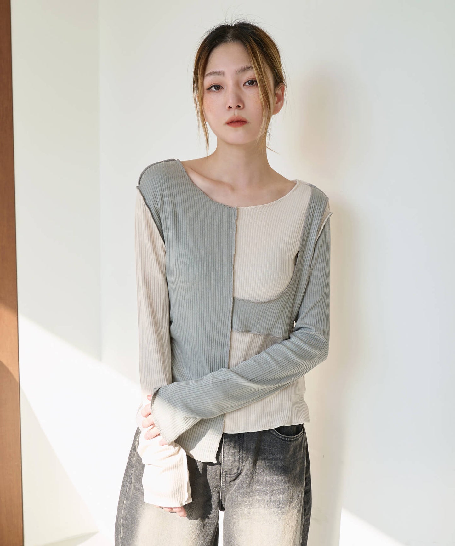 [UNE ORIGINAL]バイカラー異素材アンバランスTシャツカットソー