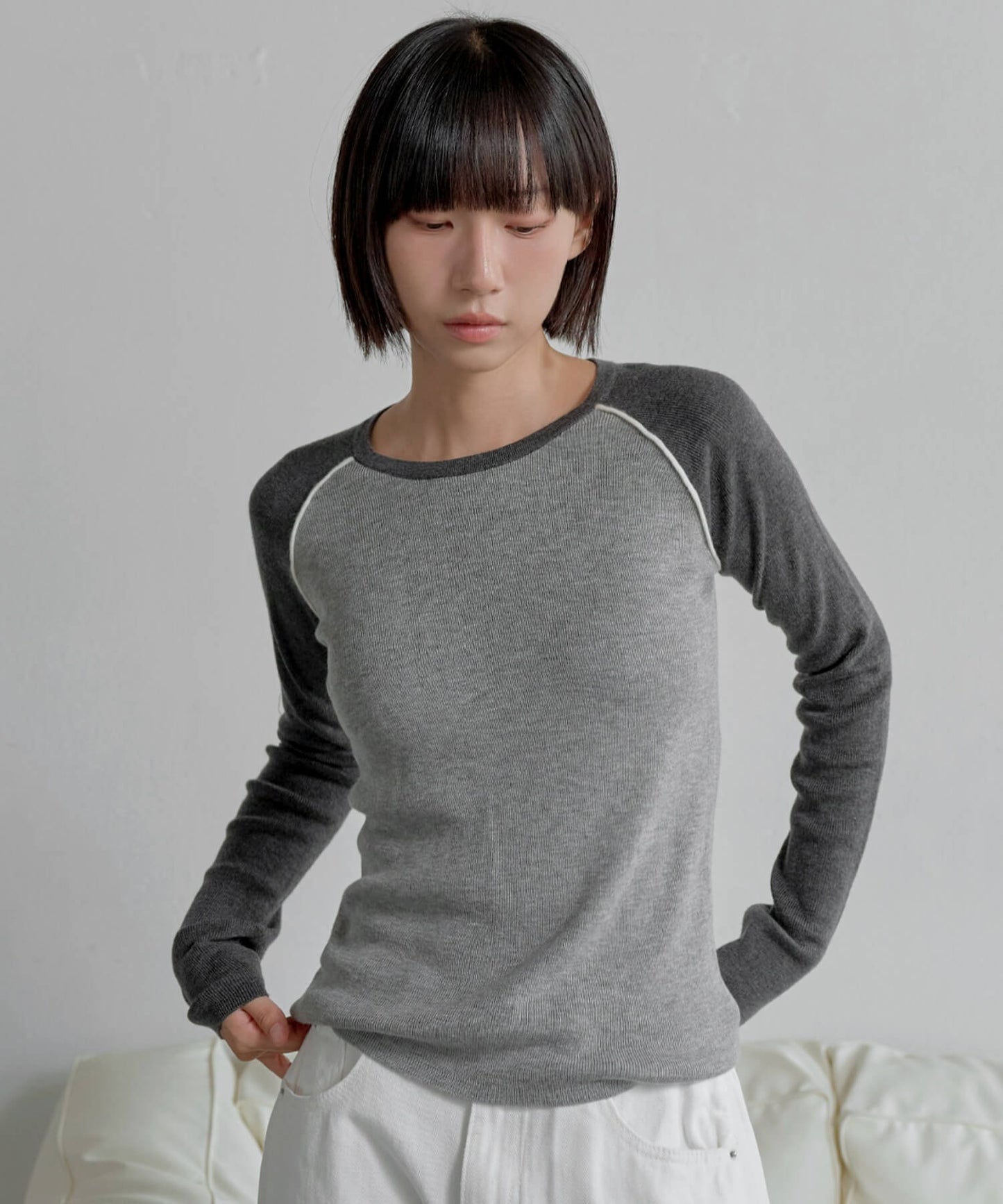 【UNE ORIGINAL】バイカラーラグランシンプルトーンニットTシャツ