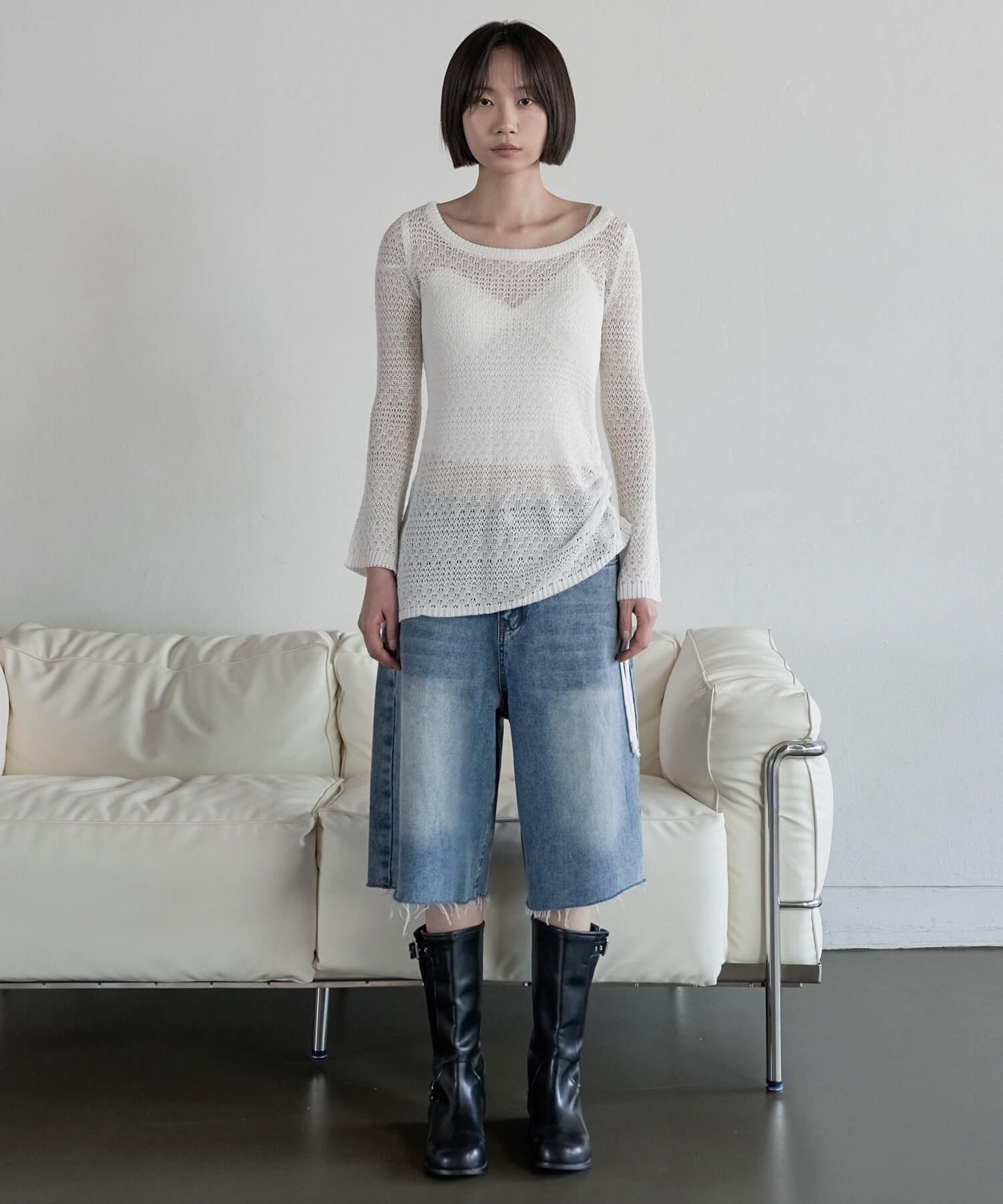【ユニセックス着用可能】腰履きカットオフバミューダワイドビンテージデニムハーフパンツ