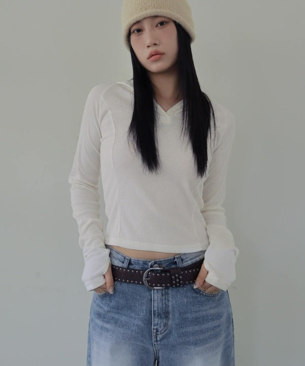 シルバーボタンリブフード長袖Tシャツカットソー