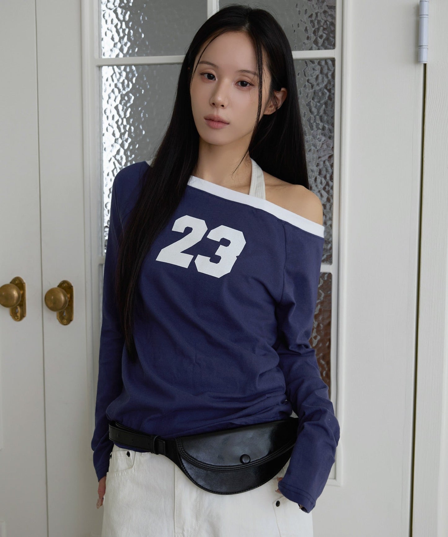【オフショルダー/ワンショルダー2WAY着用可能】バイカラーナンバリング長袖Tシャツカットソー