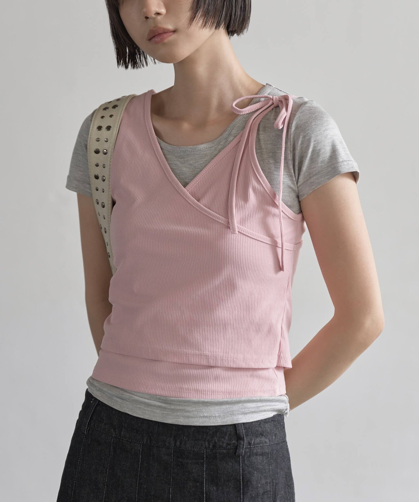 【UNE ORIGINAL】 2WAYユニークラブリーリブキャミソールビスチェ＆インナーTシャツカットソーSET