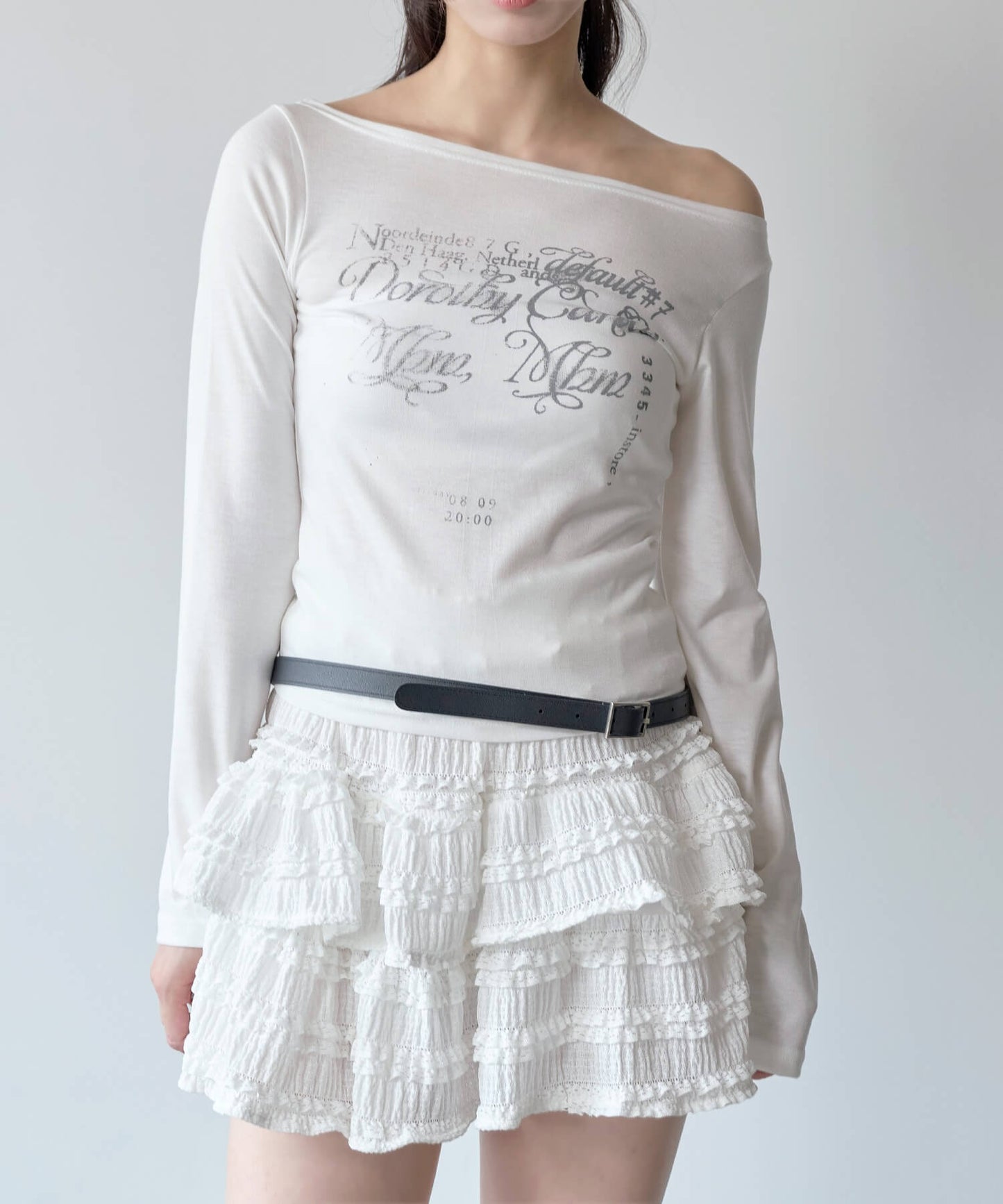 バレエコアグラフィックプリントシティワンショルダー/オフショルダーTシャツカットソー