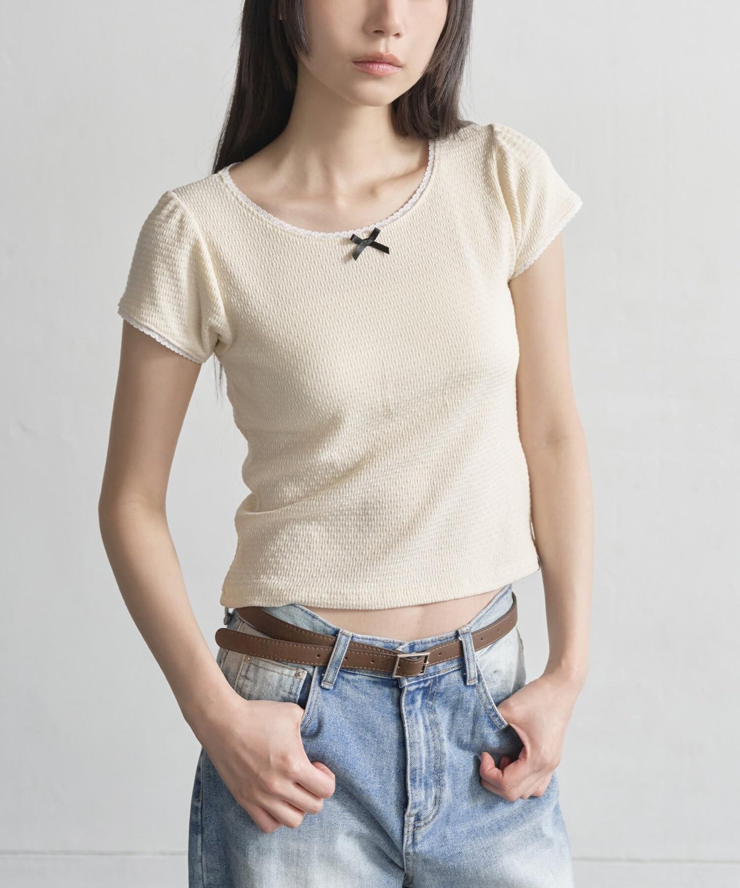 【UNE ORIGINAL】 ワッフルリボンレースショルダーパフ半袖Tシャツ