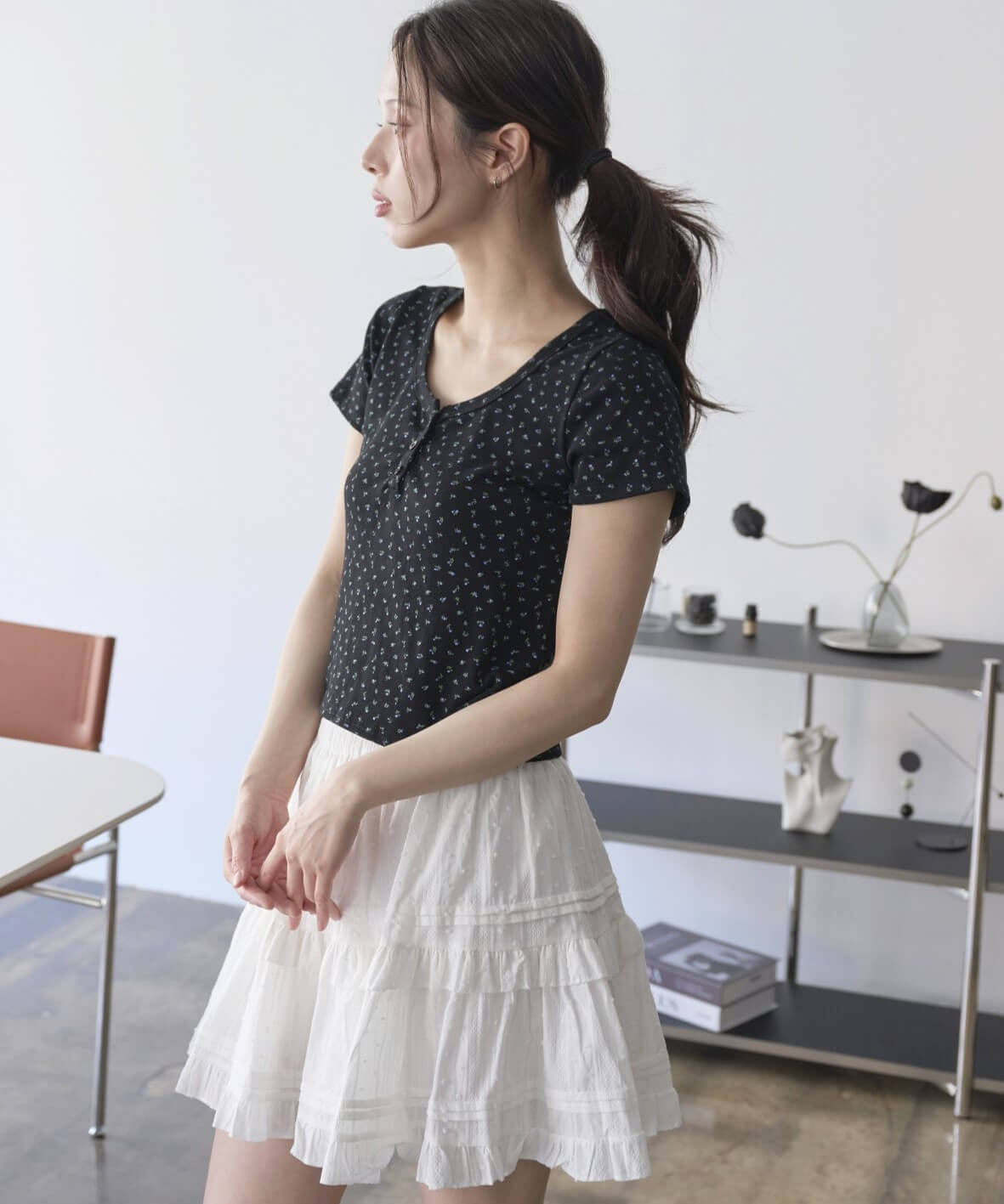 ラブリーフラワーパターンポイントボタン半袖Tシャツカットソー