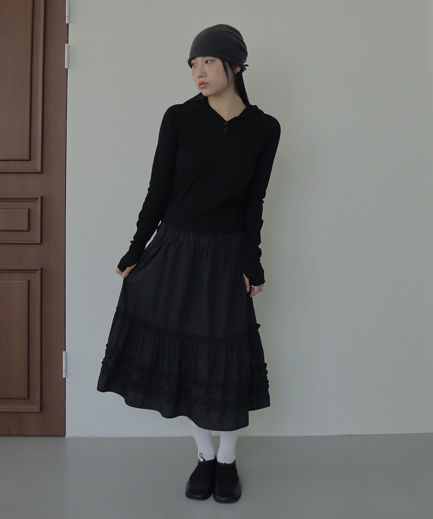 シルバーボタンリブフード長袖Tシャツカットソー