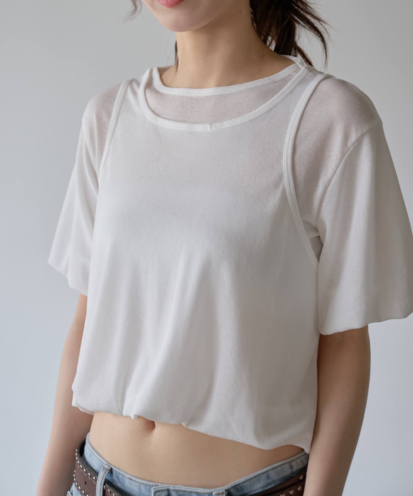 パステルキャンディレイヤードシースルーバルーンセミクロップドTシャツブラウスカットソー