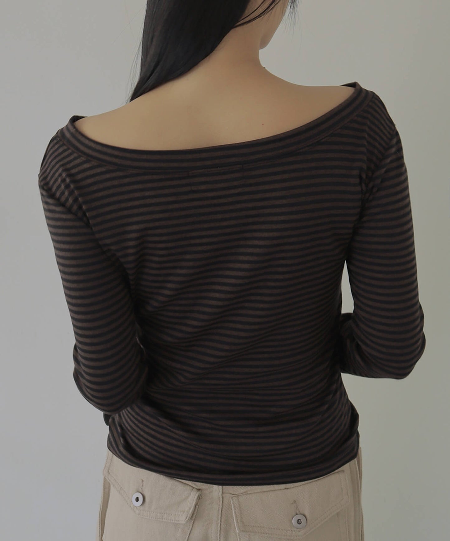 ストライプワンショルダー長袖Tシャツカットソー