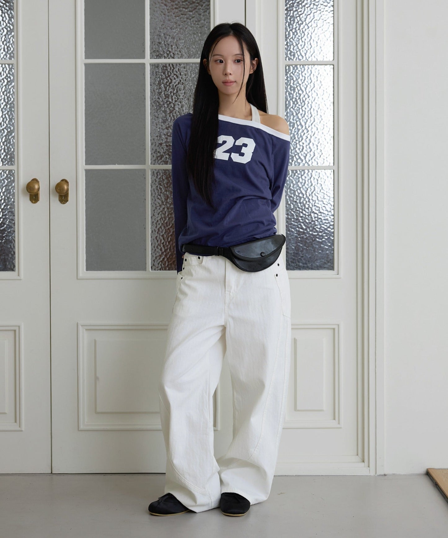 【オフショルダー/ワンショルダー2WAY着用可能】バイカラーナンバリング長袖Tシャツカットソー
