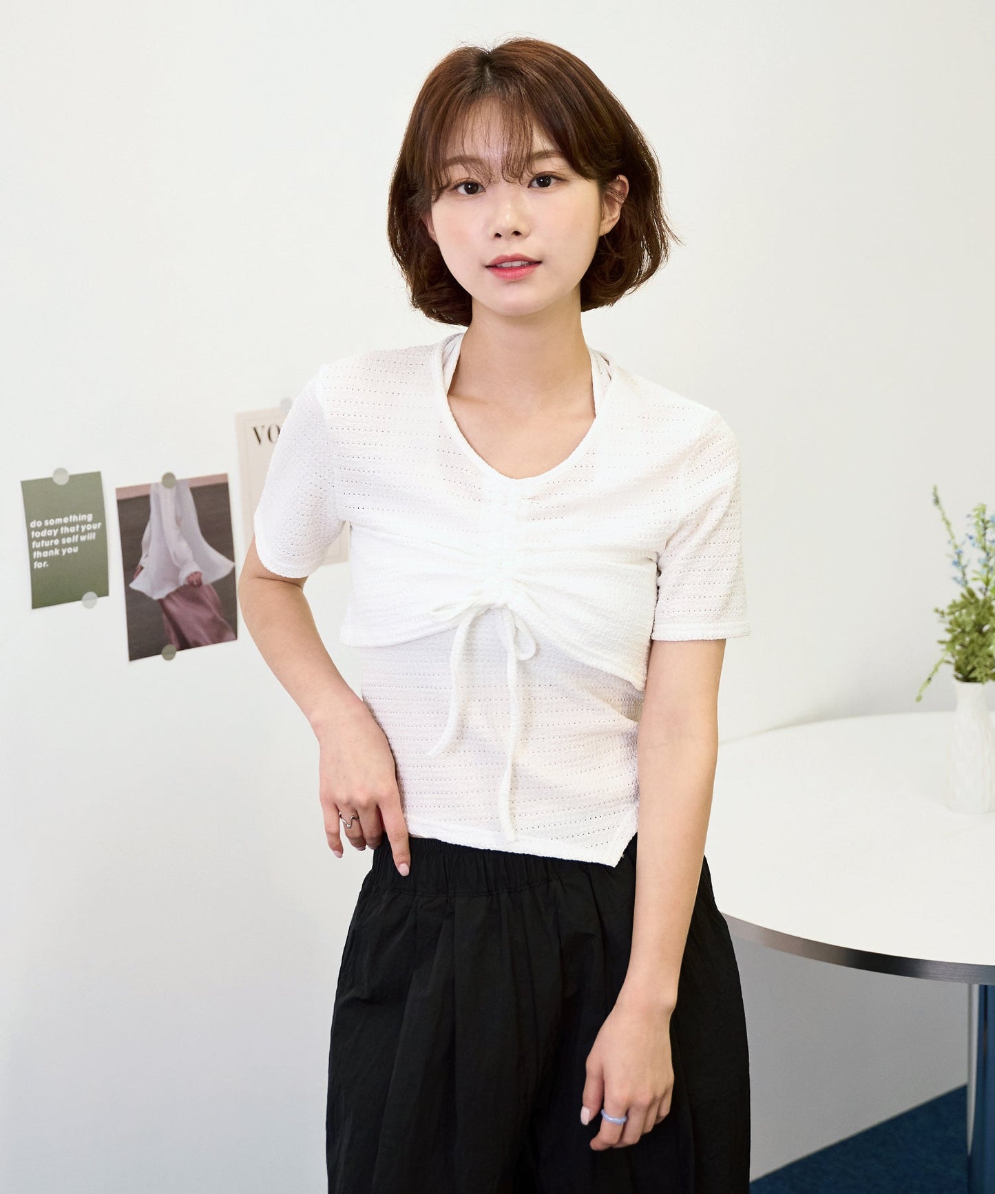 ホルターネックキャミソールSETフロントシャーリングリボン半袖Tシャツ