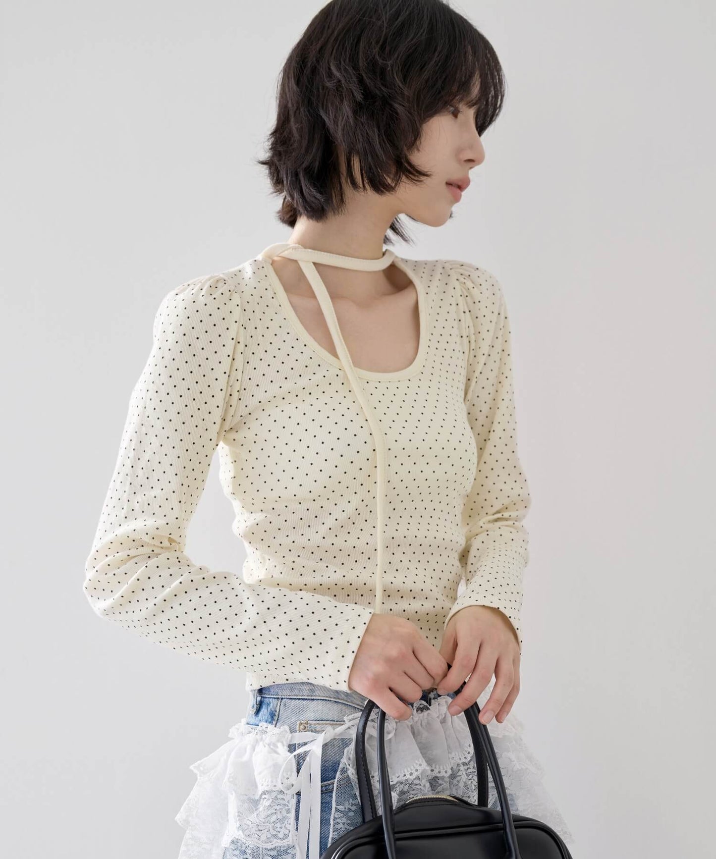 バレエコアラブリーUネックリボンドットショルダーパフ長袖Tシャツカットソー
