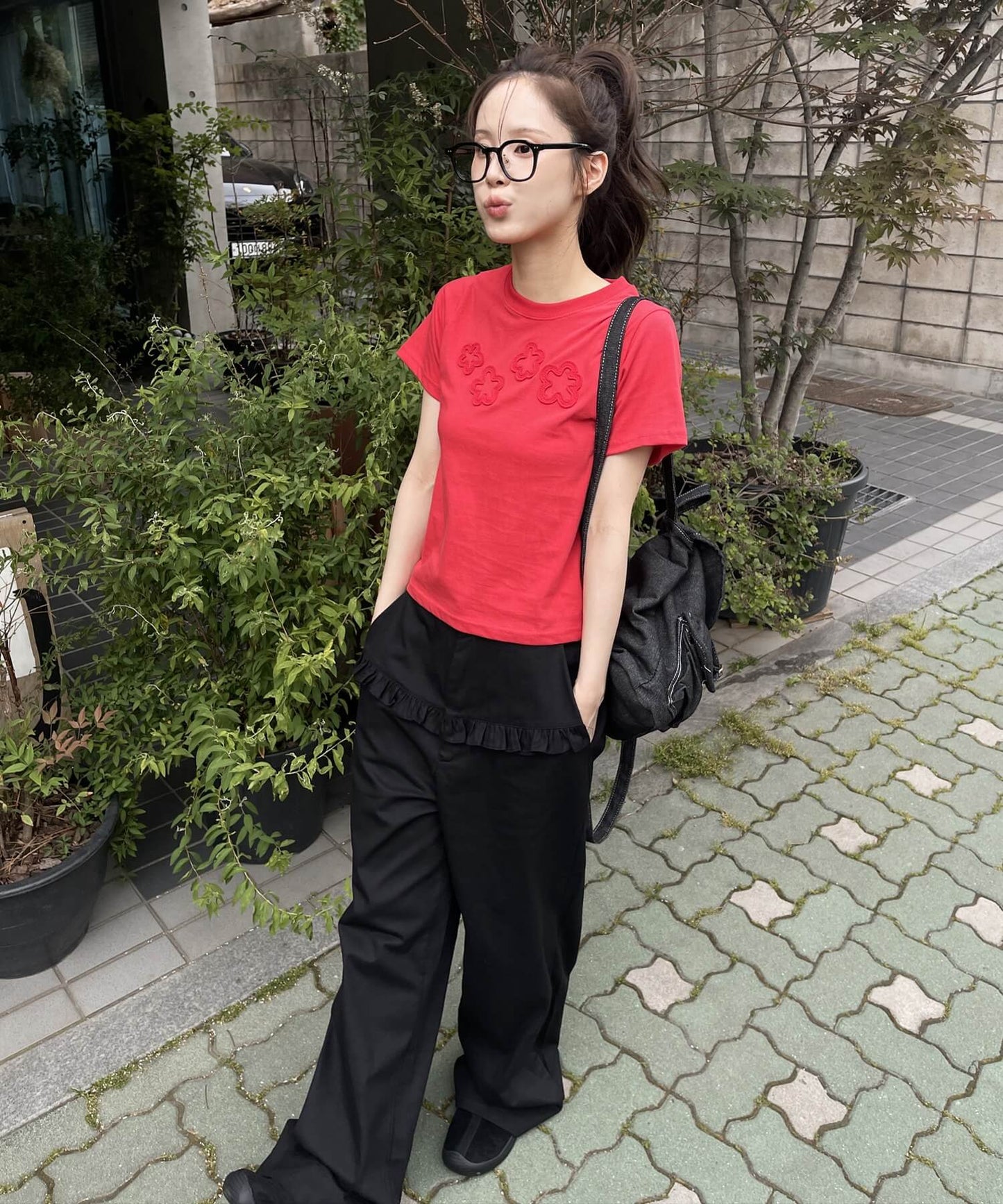 ダッフルフラワーワッペンレタリング半袖Tシャツ
