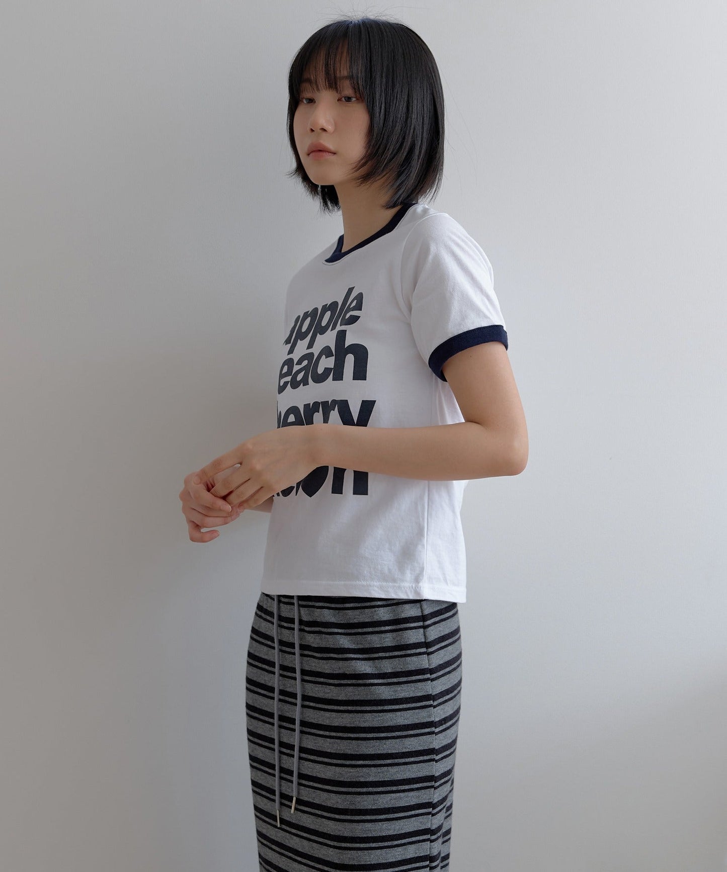 カジュアルフルーツレタリングリンガー半袖Tシャツ