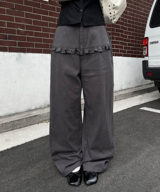 フロントフリルポイントコットンローライズワイドシルエットパンツ