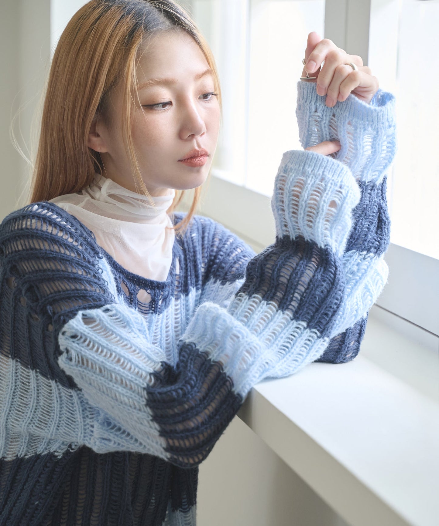 パステルカラーオーバーネックボーダーヴィンテージニット