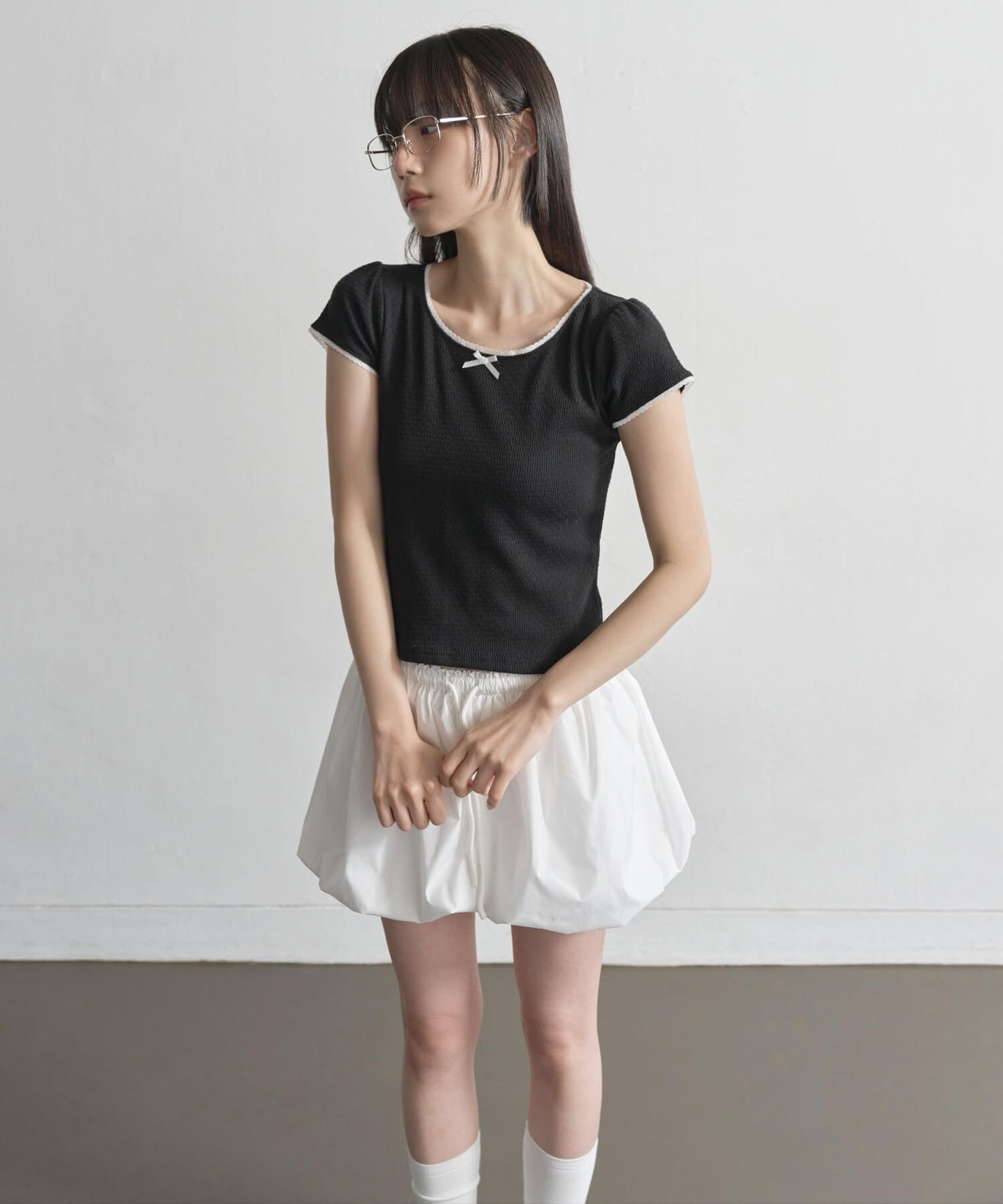 【UNE ORIGINAL】 ワッフルリボンレースショルダーパフ半袖Tシャツ