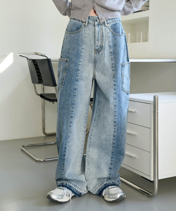 ツートンバイカラーカットオフワイドストレートデニム