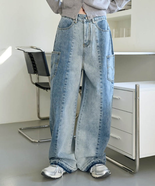 ツートンバイカラーカットオフワイドストレートデニム