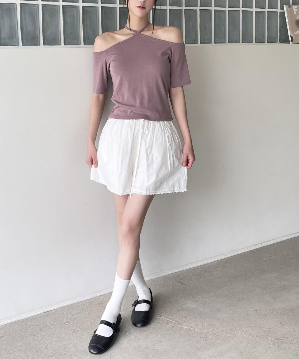 [UNE ORIGINAL]2wayホルターネックストリングリボンバックオープンTシャツカットソー