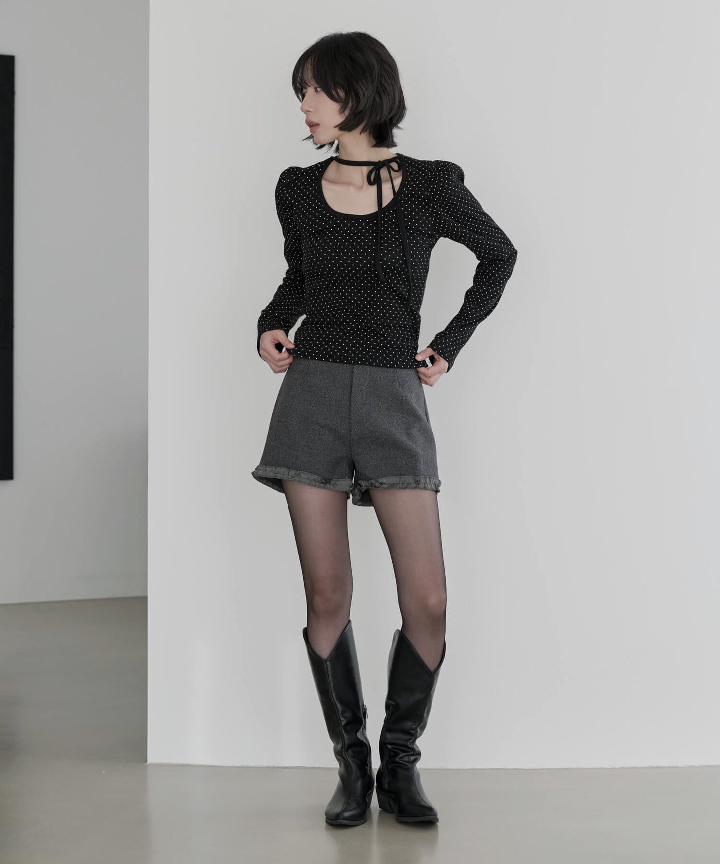 バレエコアラブリーUネックリボンドットショルダーパフ長袖Tシャツカットソー