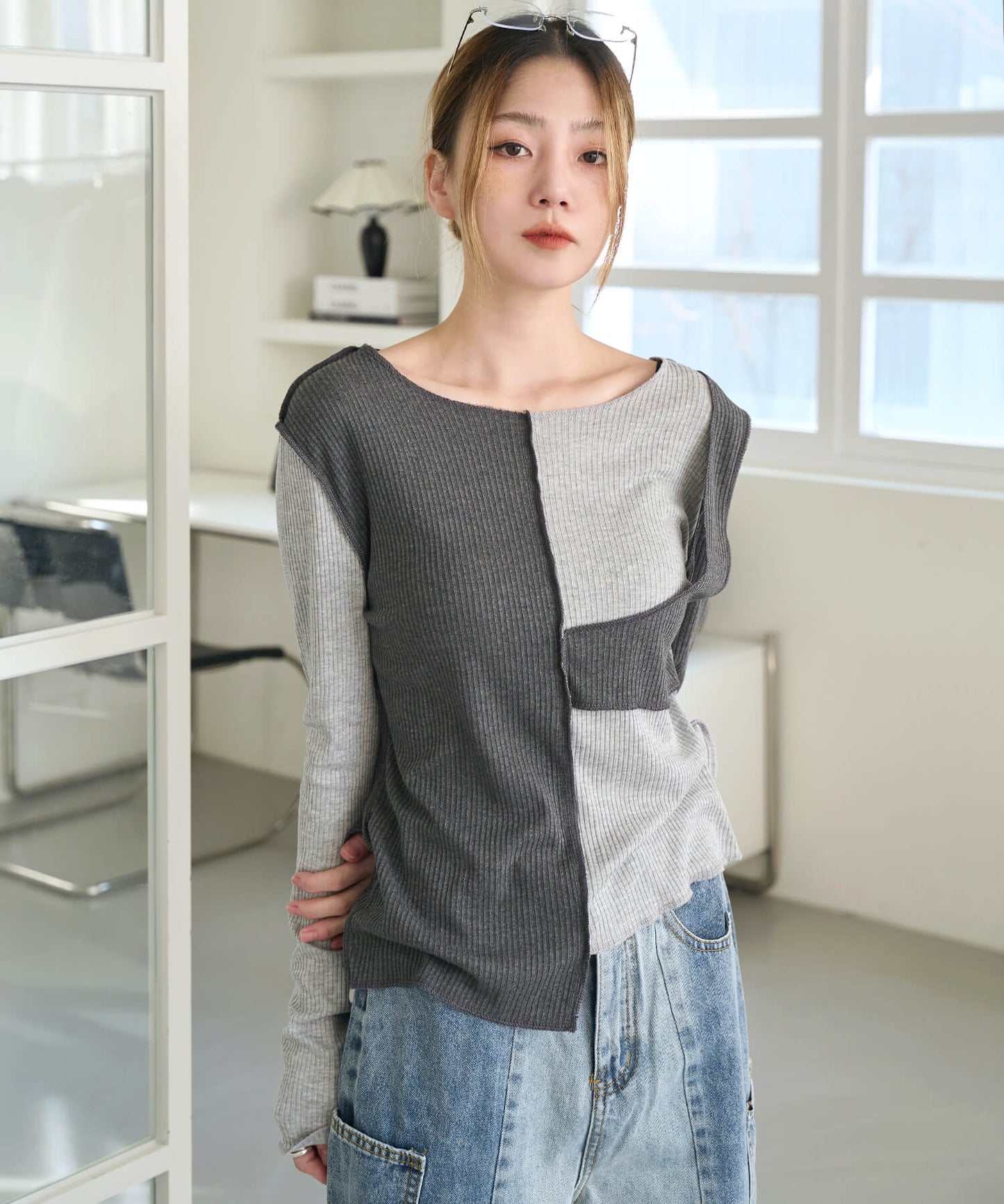 [UNE ORIGINAL]バイカラー異素材アンバランスTシャツカットソー
