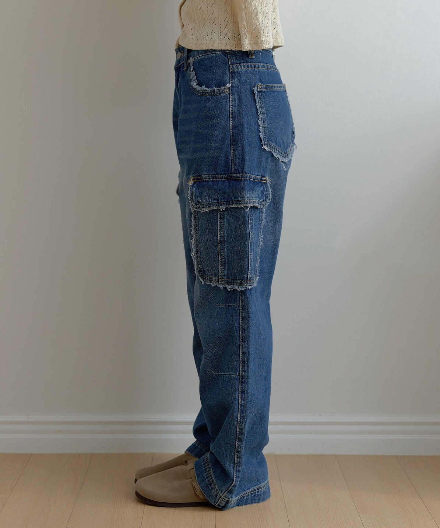 フリンジユニークラインカーゴストレートデニムパンツ