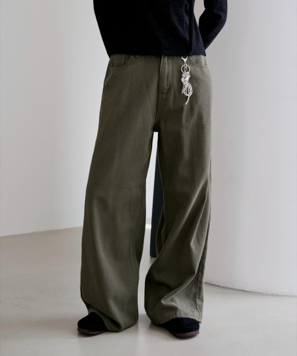 【UNISEX】【ボタンで自由にSIZE調節可能】バックボタンポイントワイドデニムパンツ