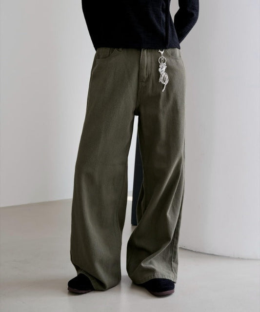 【UNISEX】【ボタンで自由にSIZE調節可能】バックボタンポイントワイドデニムパンツ