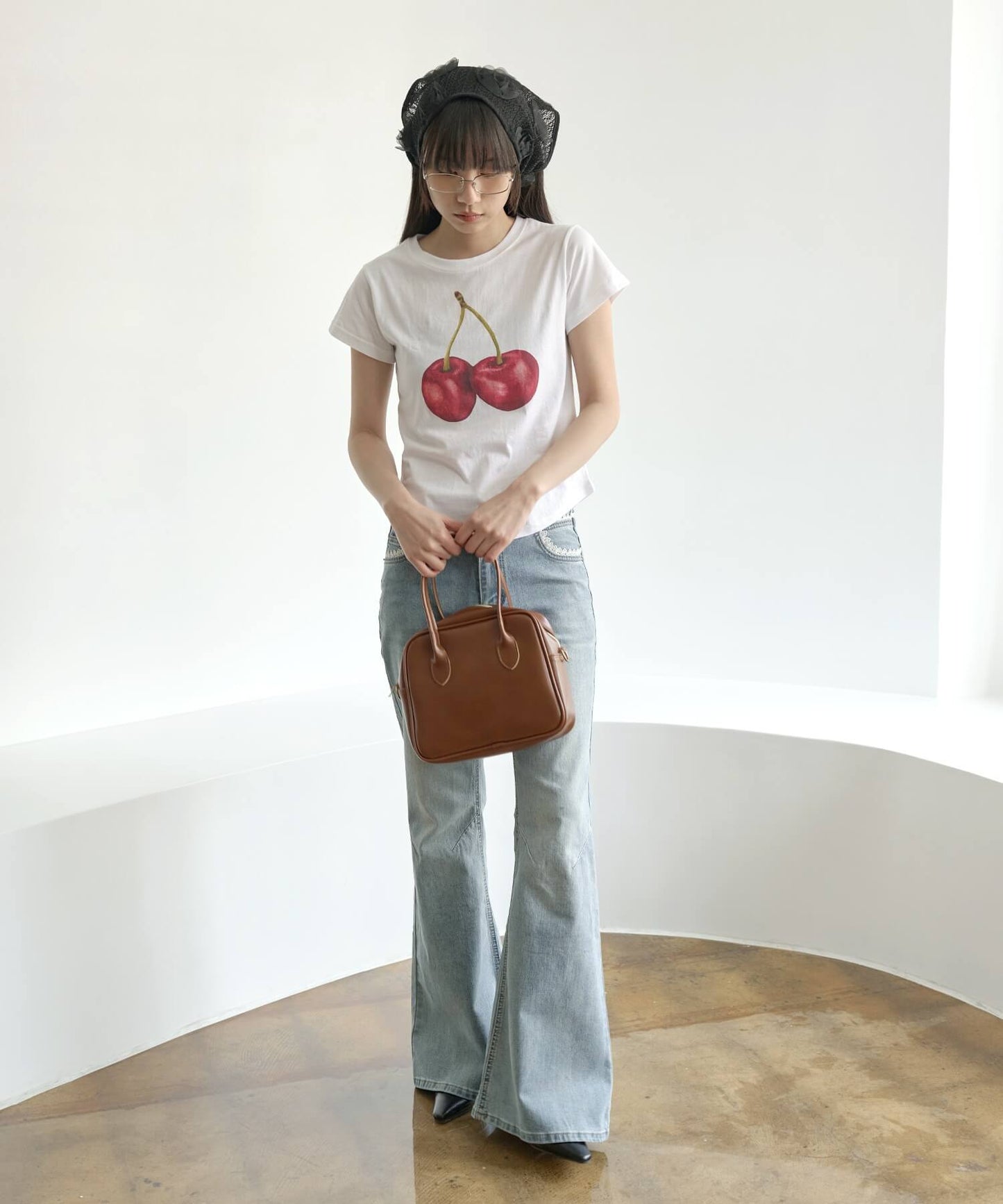 【UNE ORIGINAL】 サイドラウンドスリットフルーツプリントミニチビTシャツカットソー