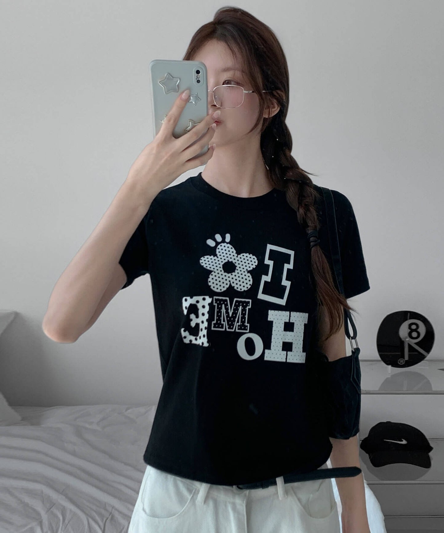 アロップホームDOTパターンフラワーアプリケットロゴクロップド半袖Ｔシャツ