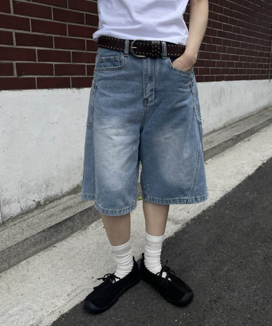 【ユニセックスデニム】ウェーブバルーンウォッシュドユニークサイドポケットバミューダハーフパンツデニム
