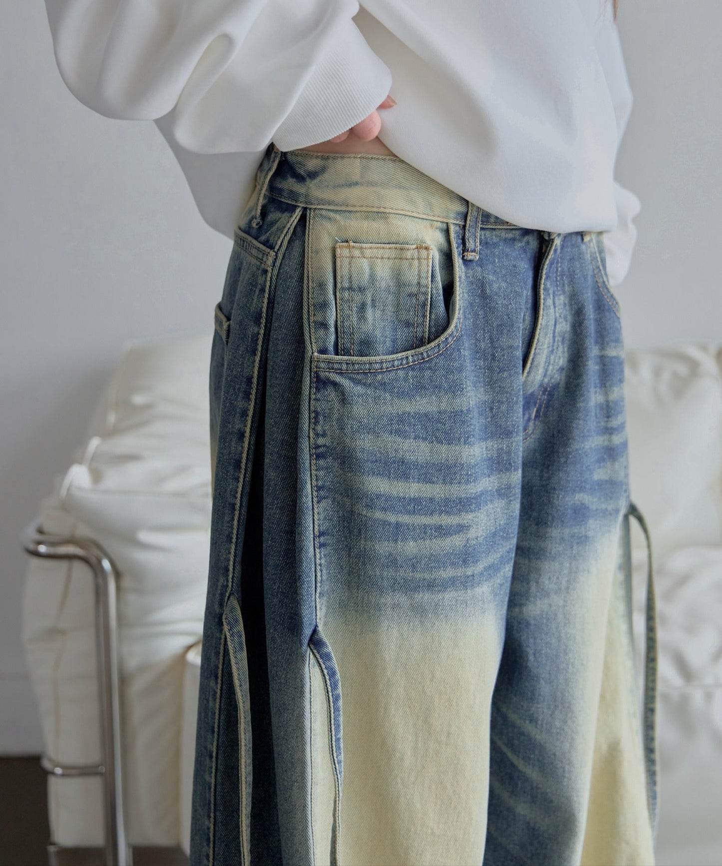 [UNISEX][XS~L][低身長、高身長さんでも！◎]ダーティーキャットブラシウォッシング・サイドピンタックデニムパンツ
