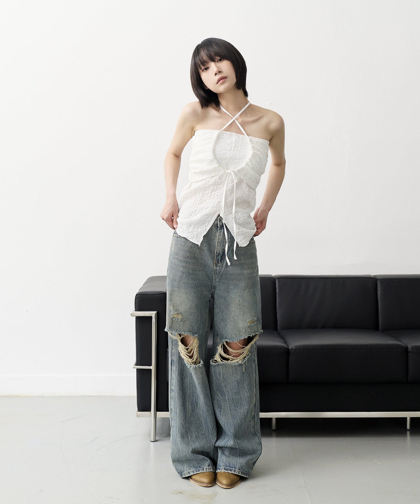 【UNISEX】ビンテージウォッシングダメージワイドデニムパンツ