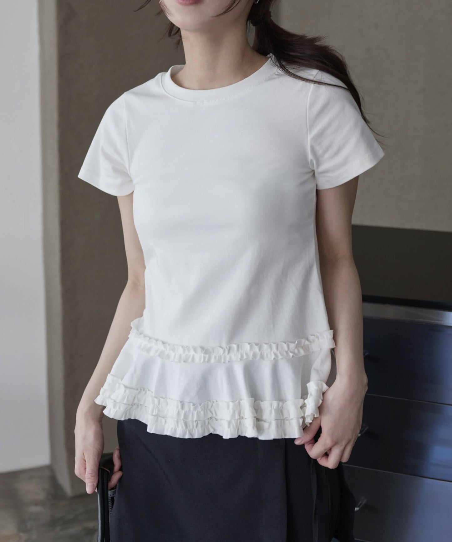 カンカンレースフリル レイヤード半袖Tシャツカットソー ラウンド