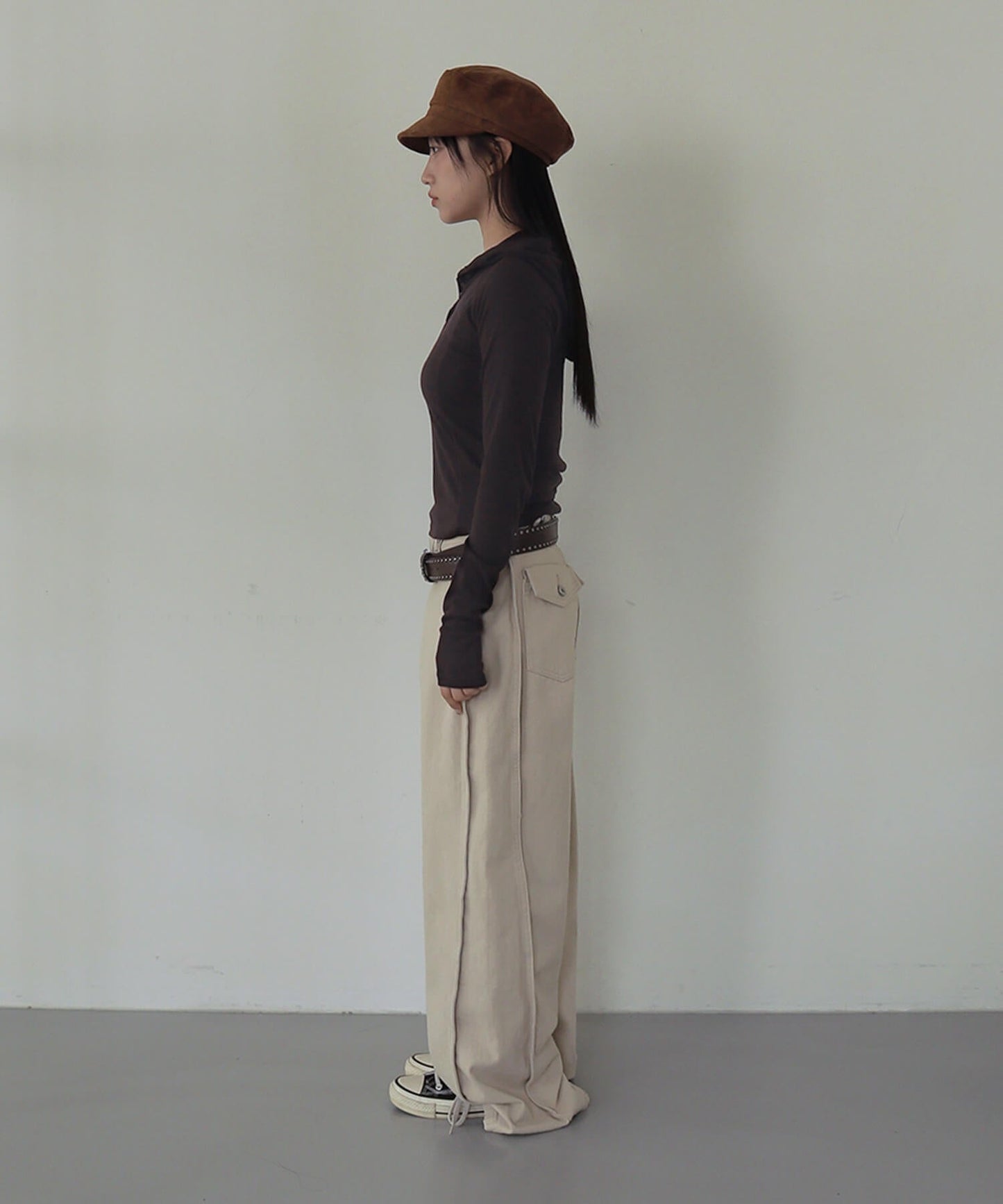 シルバーボタンリブフード長袖Tシャツカットソー
