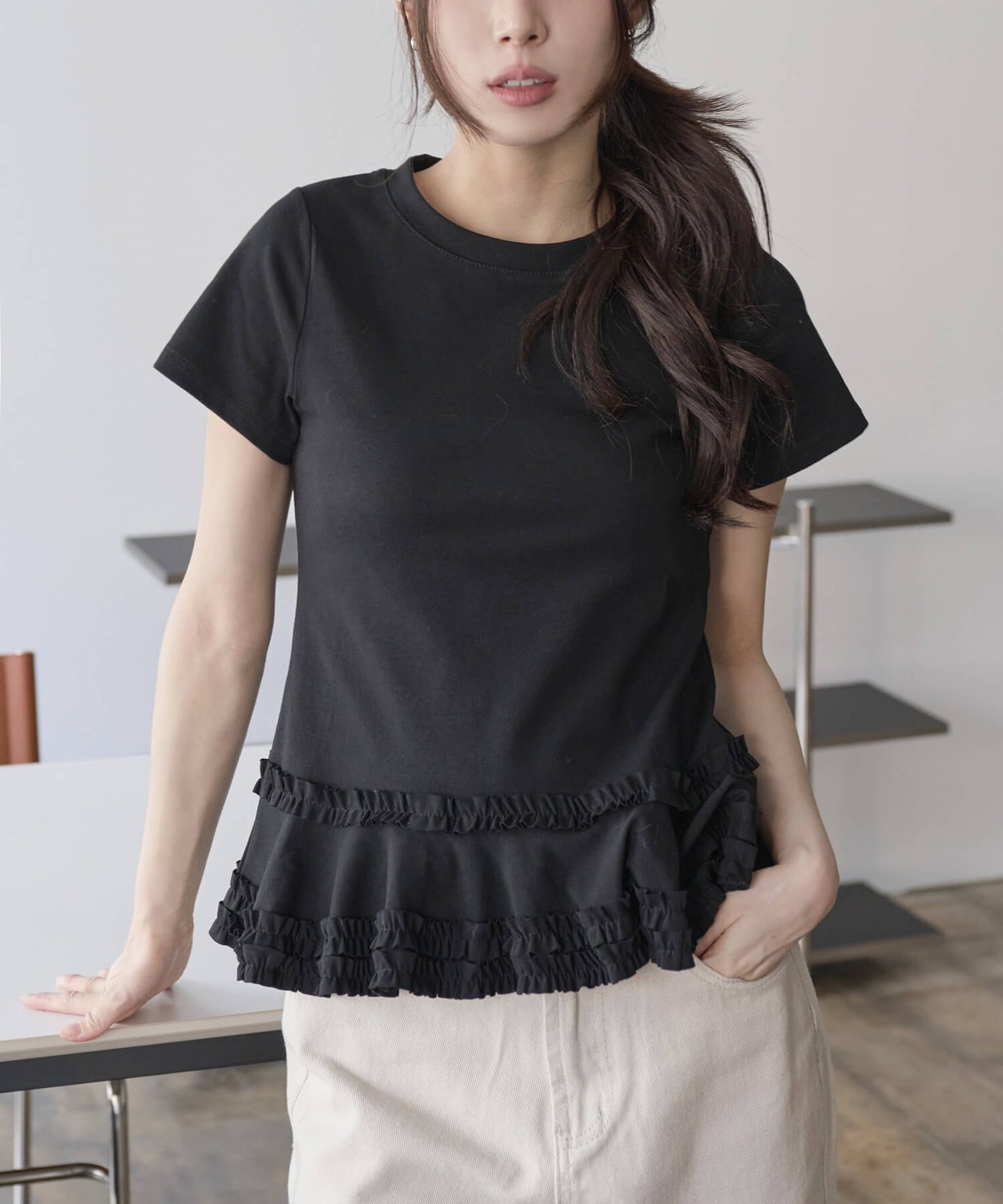 カンカンレースフリル レイヤード半袖Tシャツカットソー ラウンド