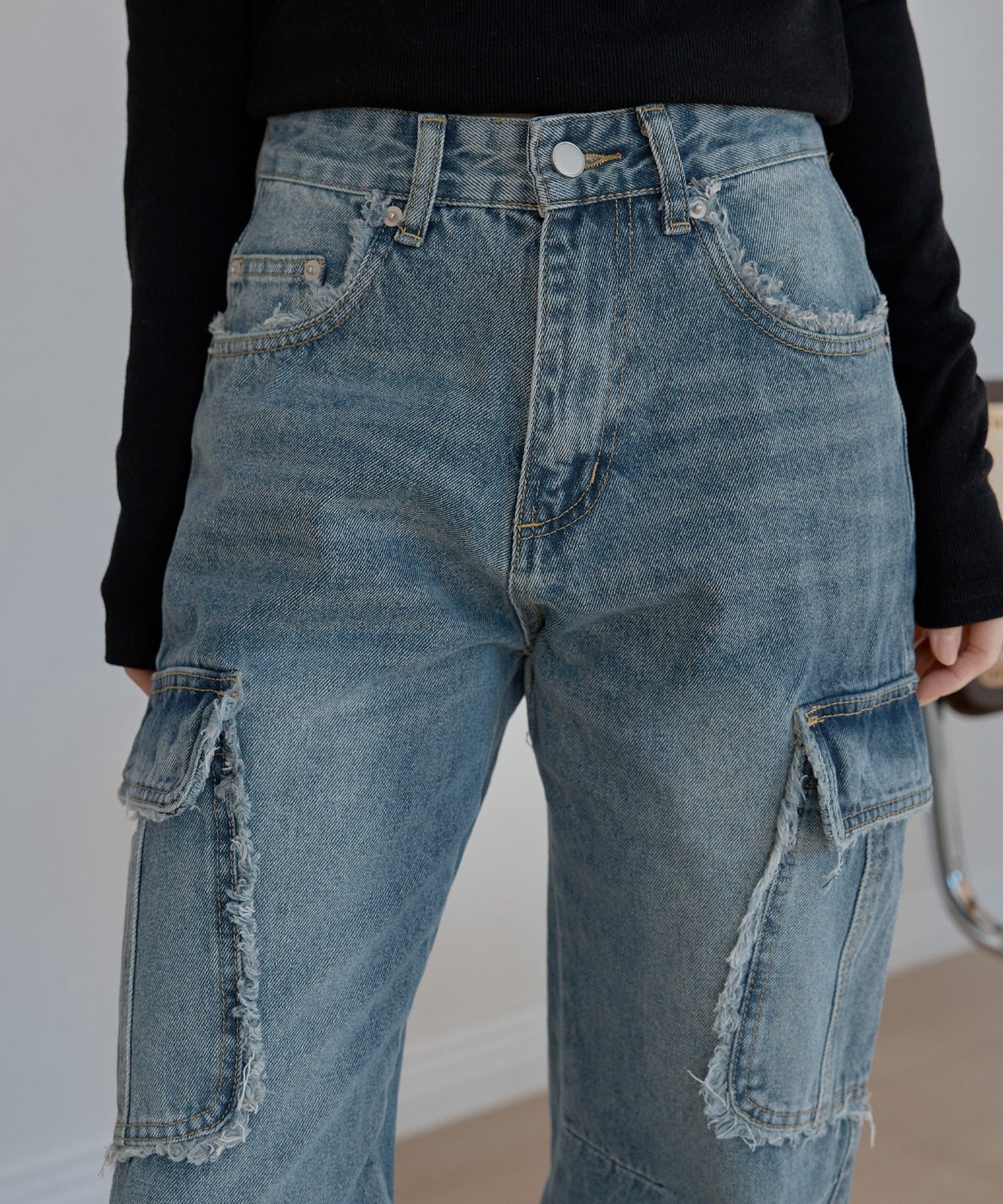 フリンジユニークラインカーゴストレートデニムパンツ