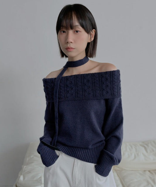マフラーSET編み模様デザインオフショルダーニット