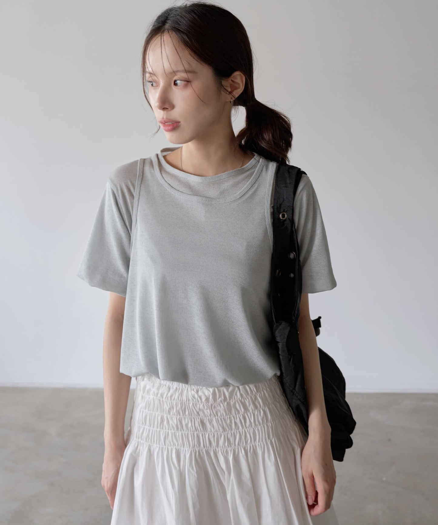 パステルキャンディレイヤードシースルーバルーンセミクロップドTシャツブラウスカットソー