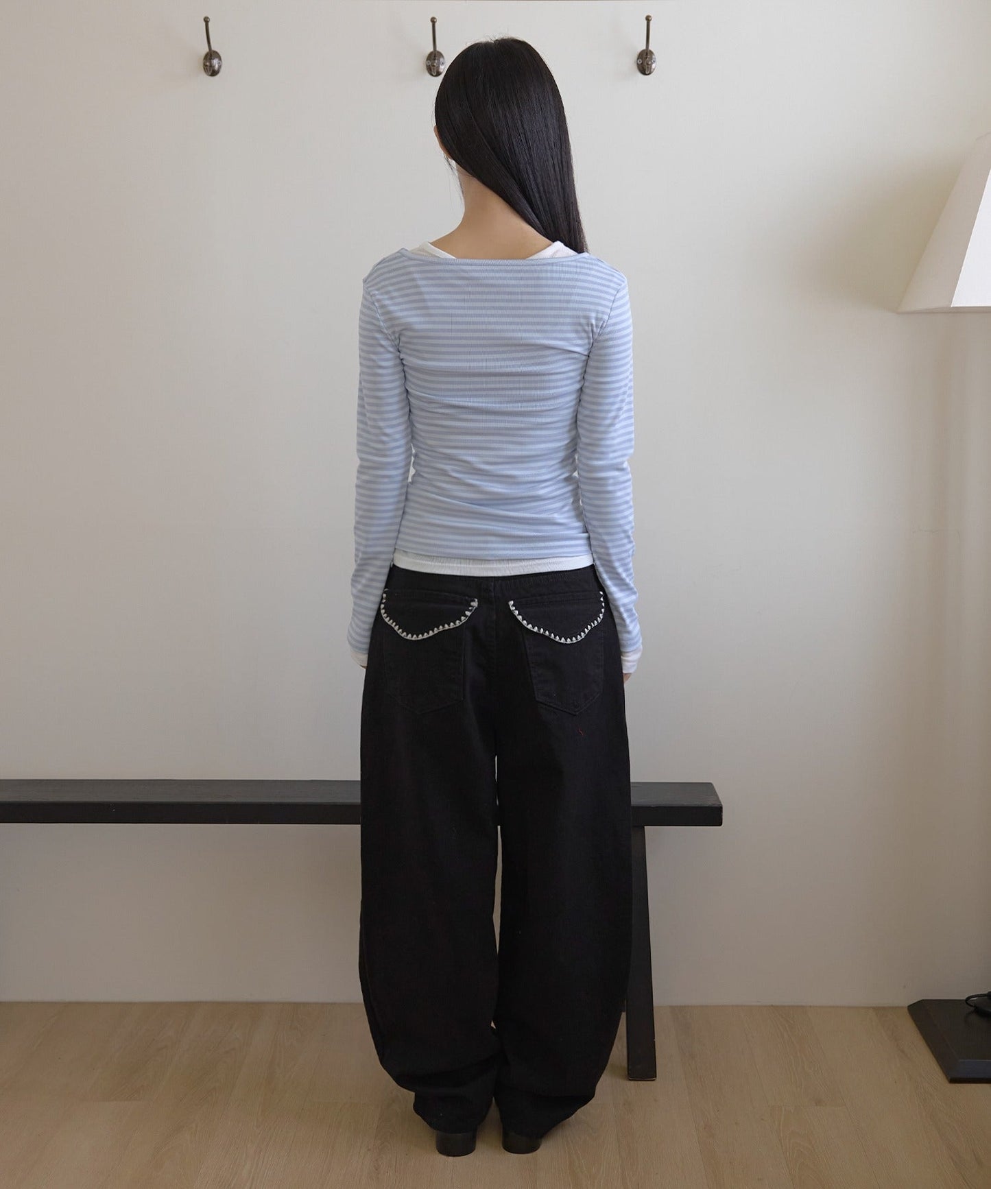 ベーシックルーズネックサイドシャーリングレイヤードストライプTシャツカットソー