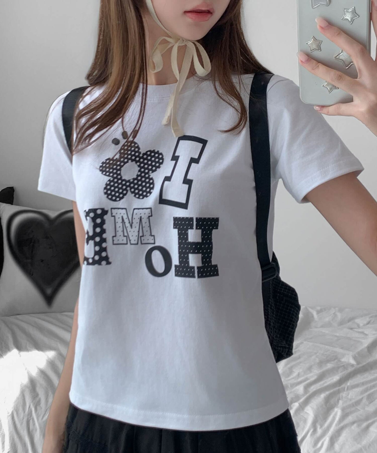 アロップホームDOTパターンフラワーアプリケットロゴクロップド半袖Ｔシャツ