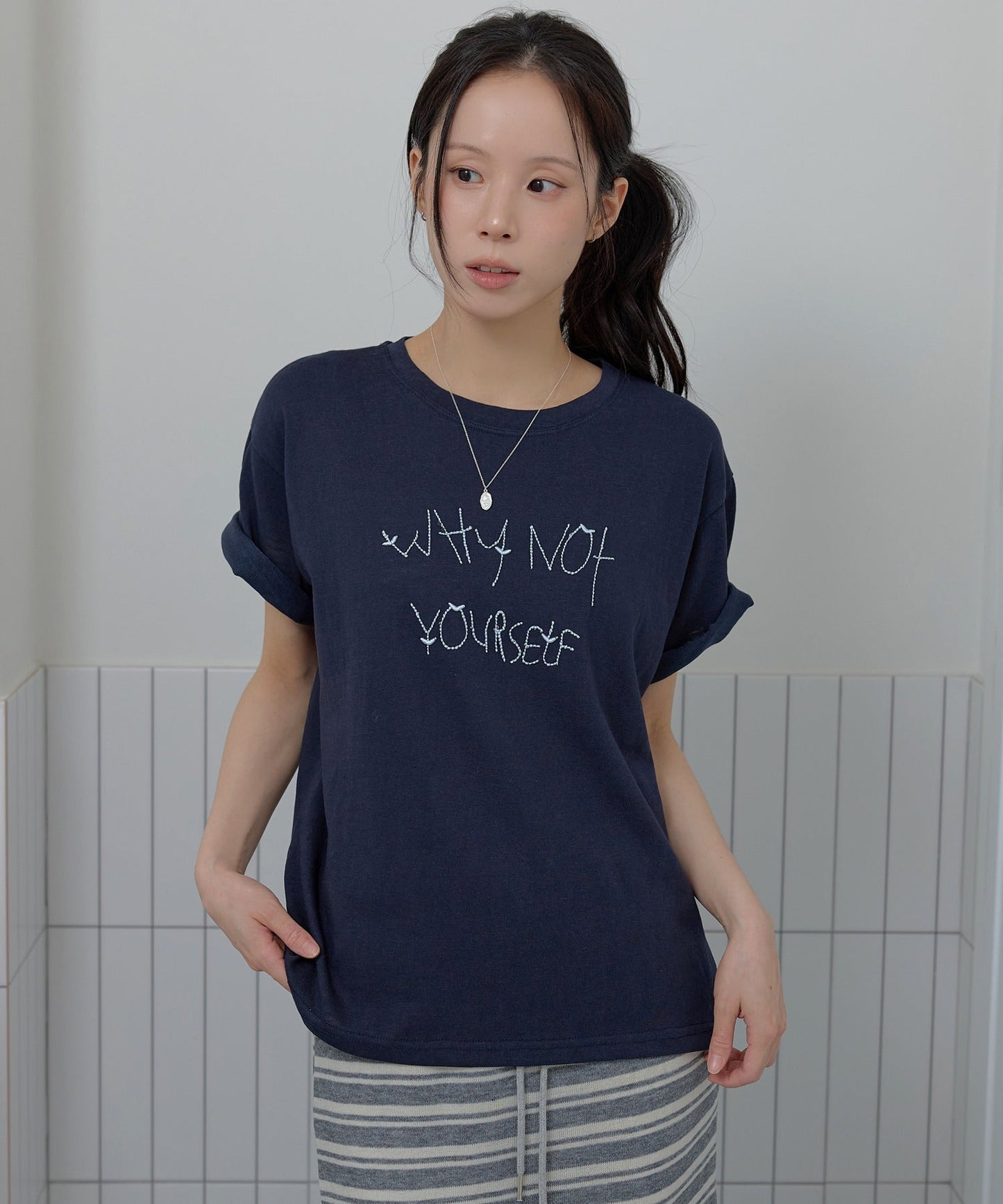 ポイントバイカラー刺繍オーバーサイズ半袖Tシャツカットソー