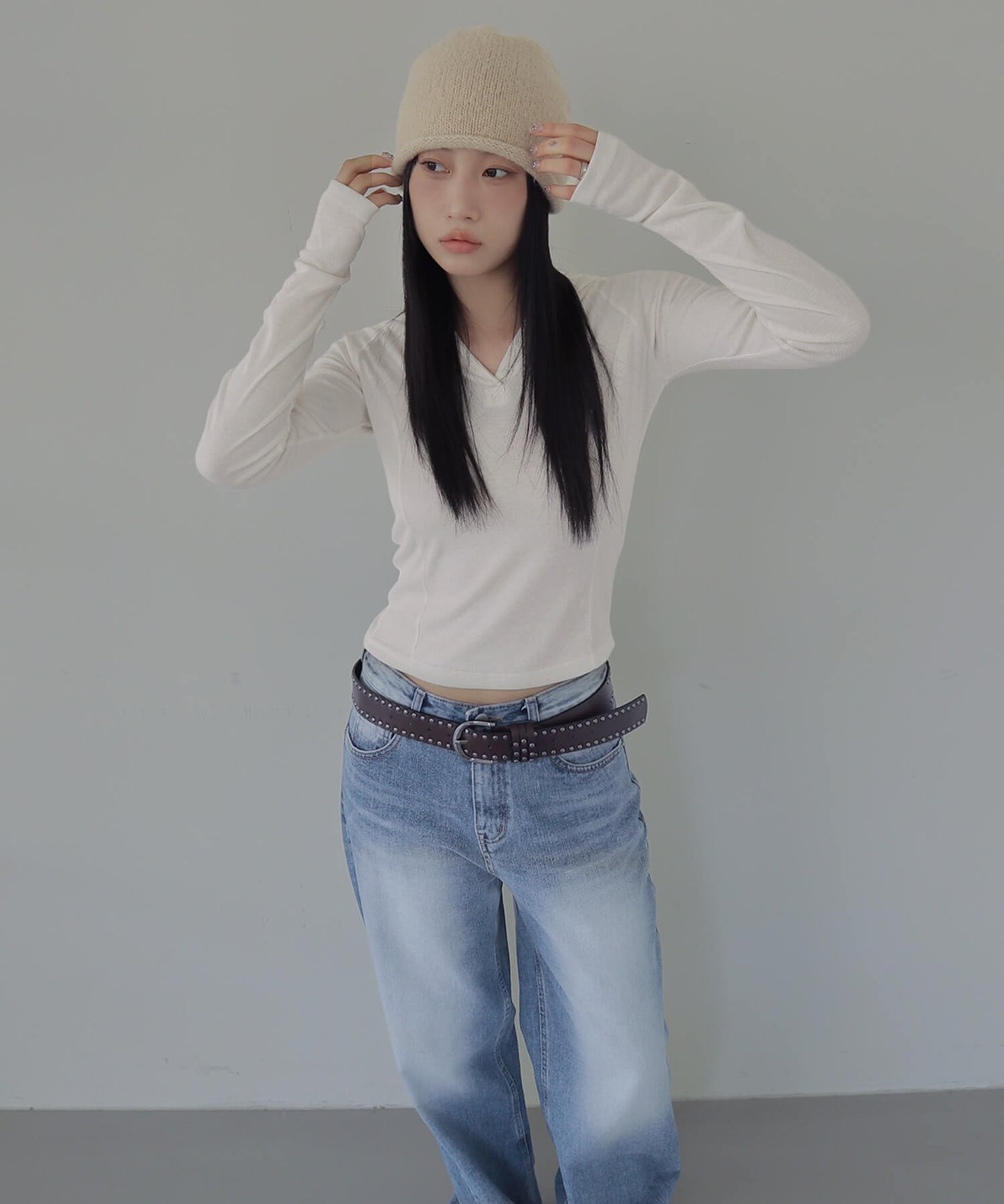 シルバーボタンリブフード長袖Tシャツカットソー
