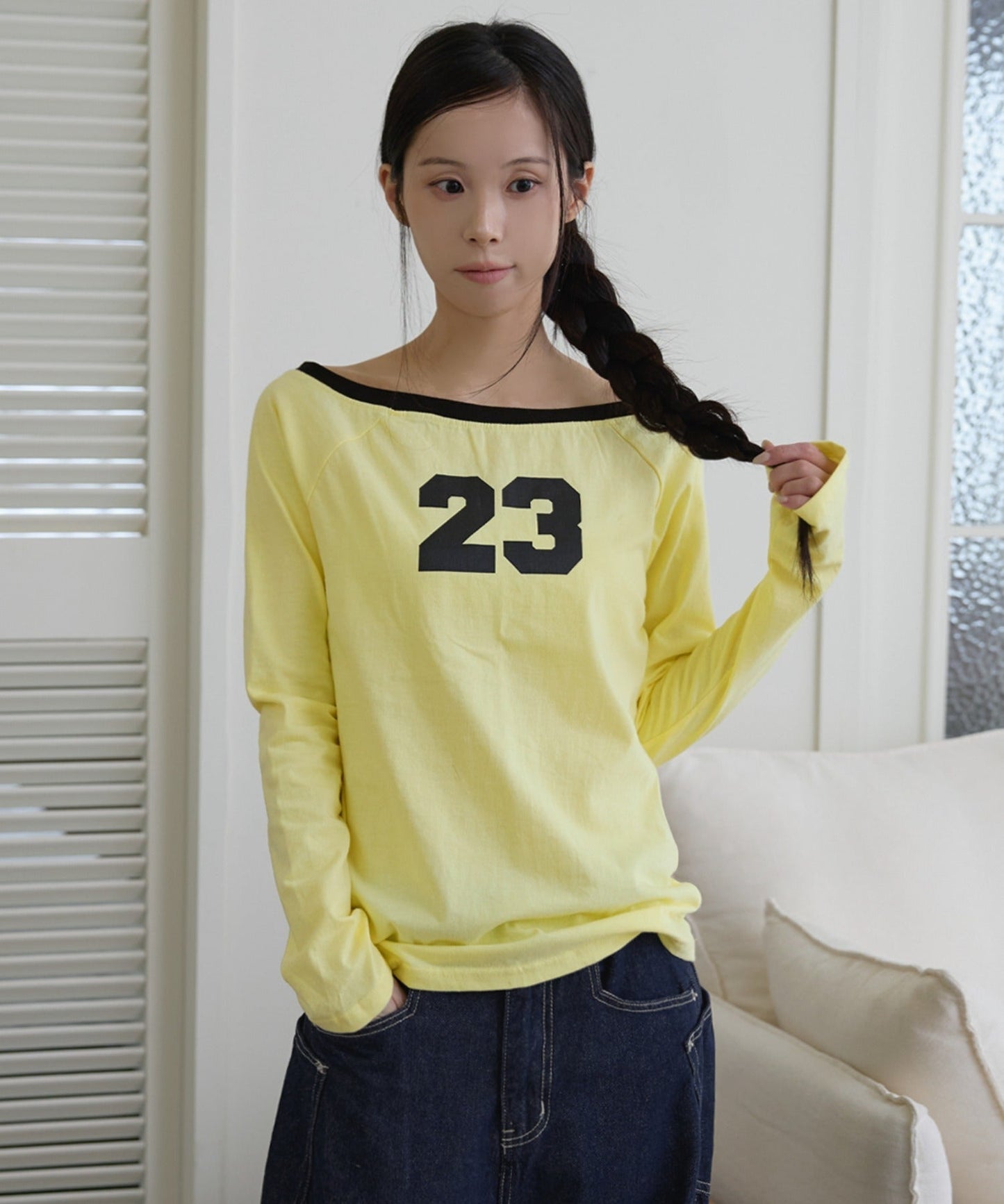 【オフショルダー/ワンショルダー2WAY着用可能】バイカラーナンバリング長袖Tシャツカットソー