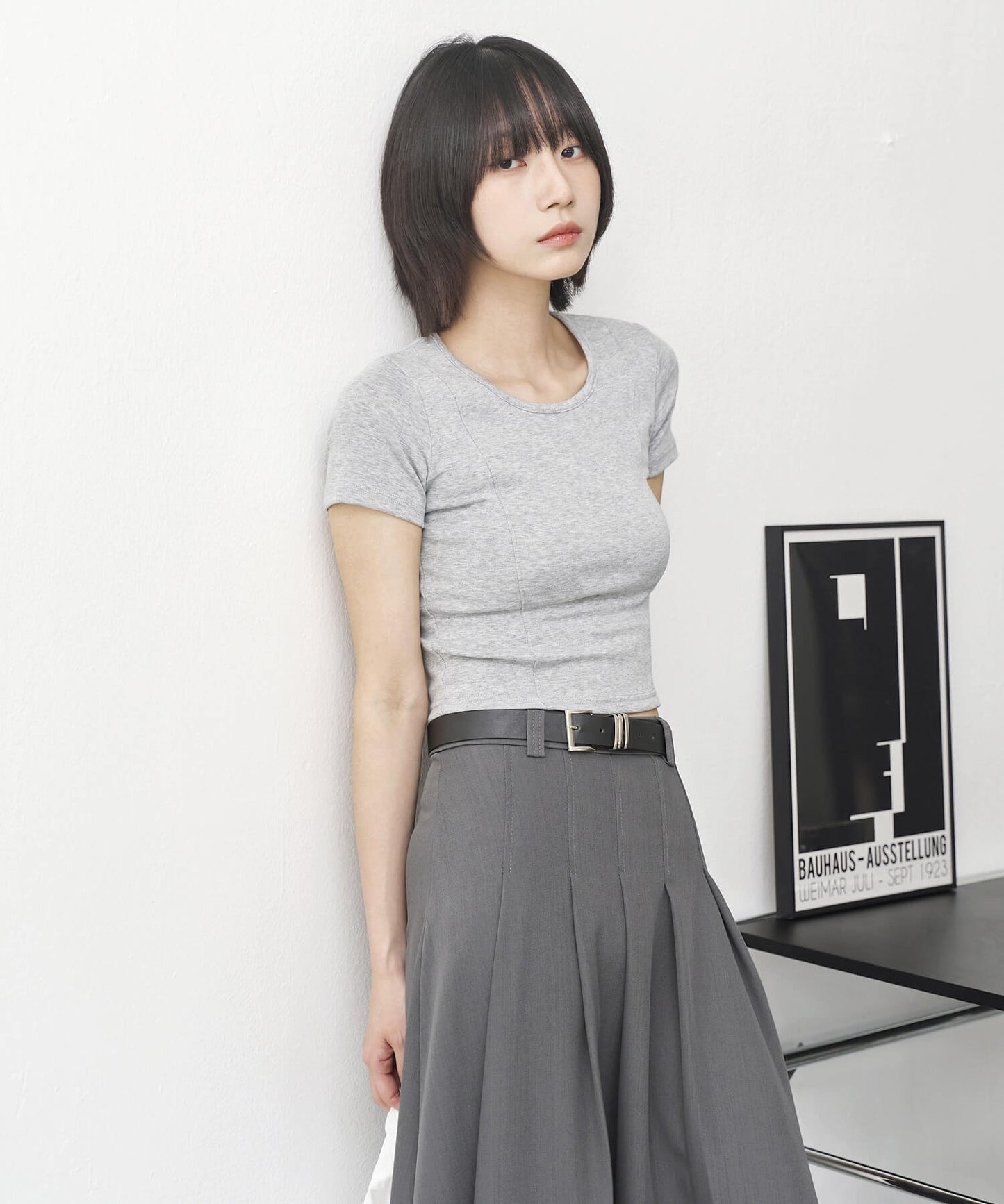 フロントダブルスリムラインクロップドＴシャツカットソー
