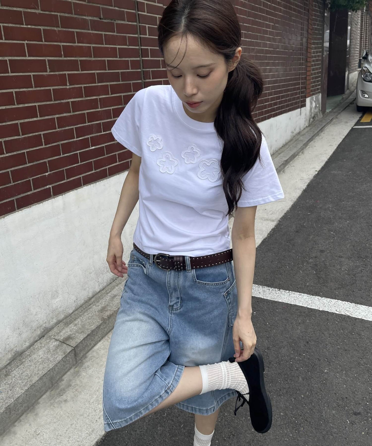 【ユニセックスデニム】ウェーブバルーンウォッシュドユニークサイドポケットバミューダハーフパンツデニム