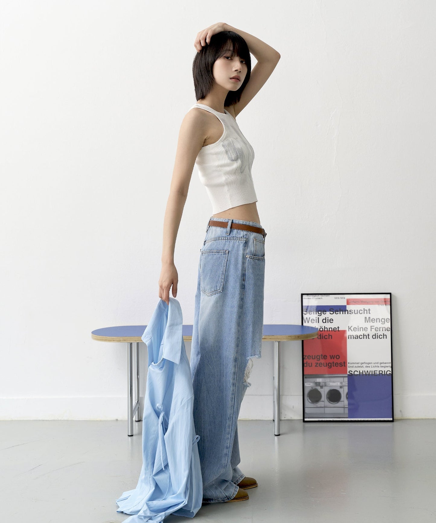 【UNISEX】ビンテージウォッシングダメージワイドデニムパンツ