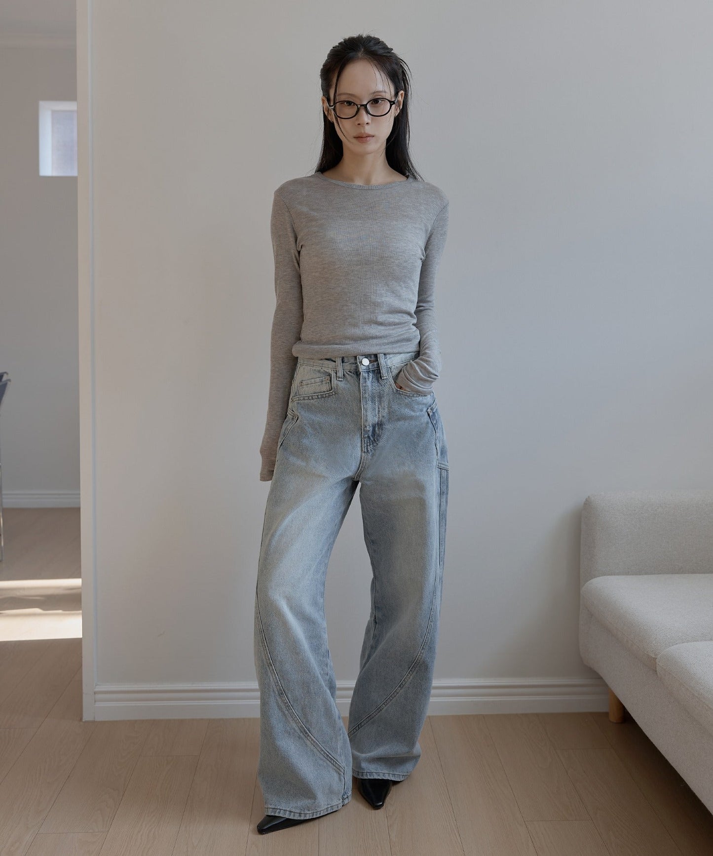 【レイヤードコーデにおすすめ】ベーシックテンセルラップラウンドルーズ長袖レイヤードTシャツカットソー