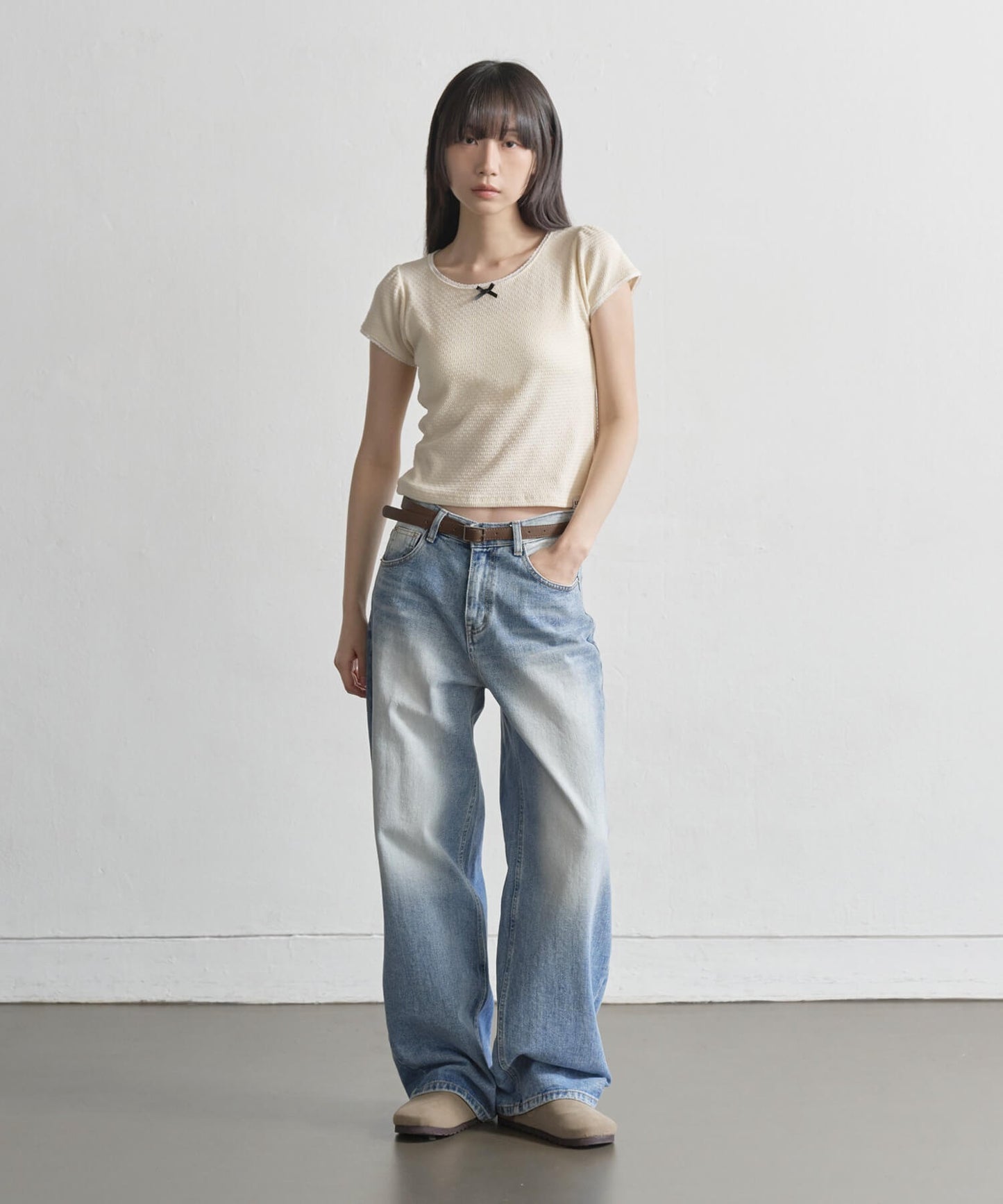 【UNE ORIGINAL】 ワッフルリボンレースショルダーパフ半袖Tシャツ
